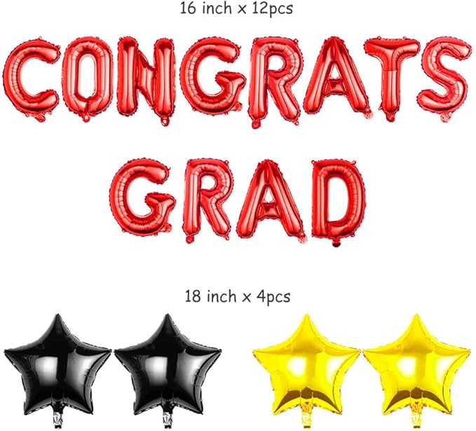 Graduation Balloons Set - CONGRATS GRAD Red Foil Letter Balloons with Star Decorations - Perfect Graduation Gift for 2026 Graduates - Party Decoration Kit