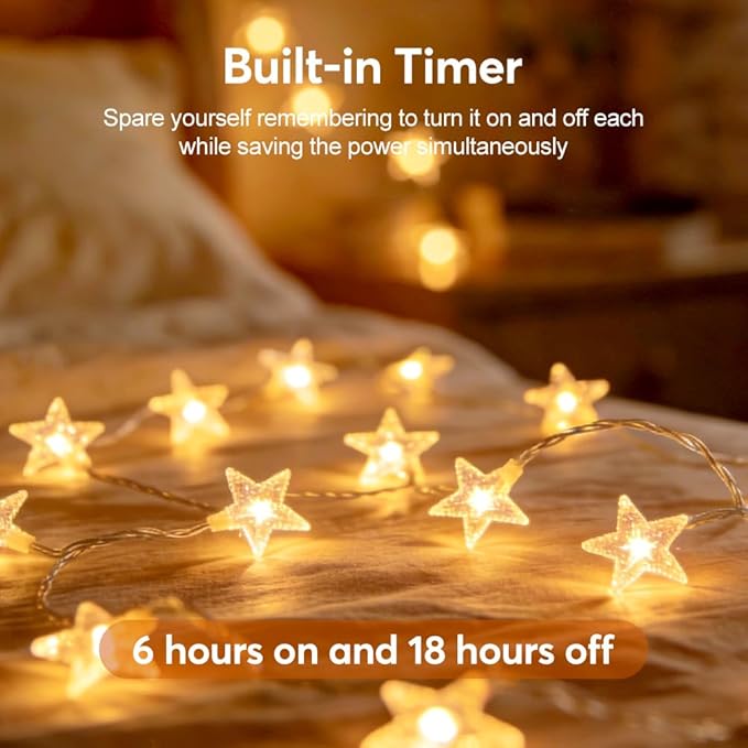 RaThun 49.2ft Warm White Star String Lights, 100 LED with 16ft Extended Lead Wire & Remote, 8 Modes, IP44 Waterproof Plug in Linkable Lights for Outdoor Indoor Party Wedding