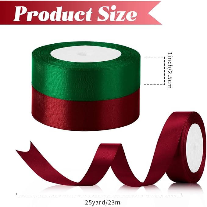 2pcs Christmas Ribbon - 1 Inch X 50 Yards Burgundy, Red & Green for Gift Wrapping & Wedding Party
