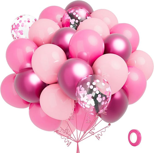 60 Pcs Metallic Pink 12Inch Latex Balloons and Confetti Balloons for Birthday, Baby Shower, Wedding, Princess Theme Party Decorations