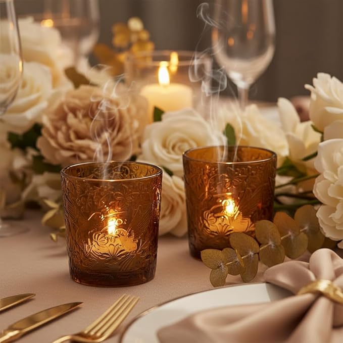 12 Pack Hummingbird Embossed Glass Candle Holders – Votive Tealight Holders with Patent Design, Decorative Embossed Glass Cups for Wedding Centerpieces, Parties, and Home Décor (Chestnut Brown)