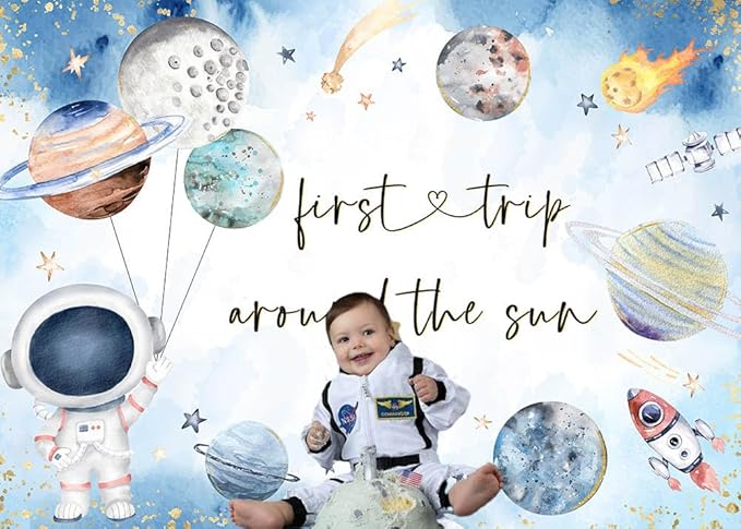 Mocsicka First Trip Around The Sun Backdrop Outer Space 1st Birthday Party Decorations Banner for Boys Kids Galaxy Planets Rocket First Birthday Photography Background (White, 10x8ft(120"x96"))