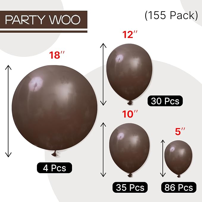 PartyWoo Dark Brown Balloons 155pcs Different Sizes of 18 12 10 5 Inch Boho Coffee Neutral Fall Balloon Arch Kit for Bachelorette Baby Shower Anniversary Birthday Party Decorations Brown-F20