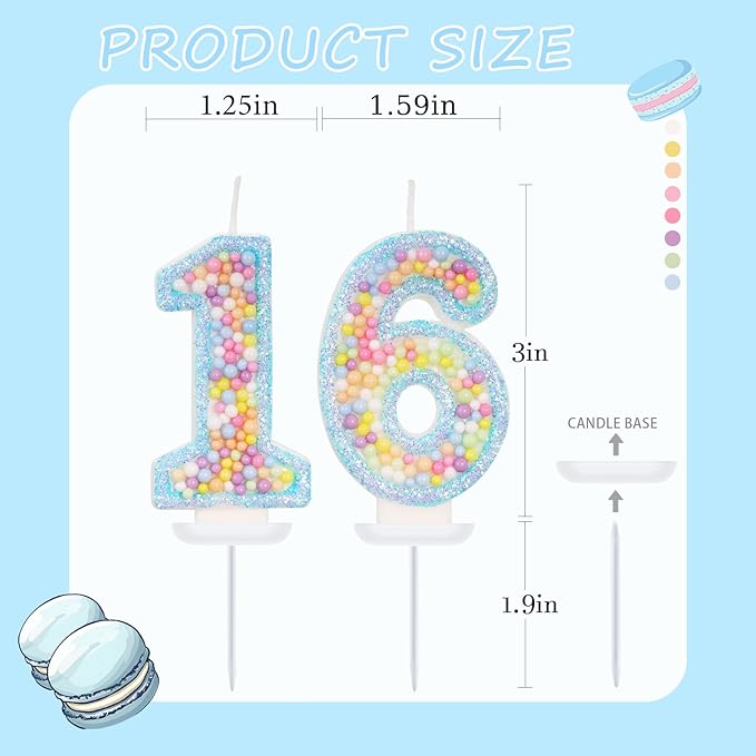 Blue Birthday Candles - Number 16 Candle, Colorful Macaron Candles, 16 Birthday Decorations for Girls Boys, Cake Decorations, Theme Party Supplies (Blue)