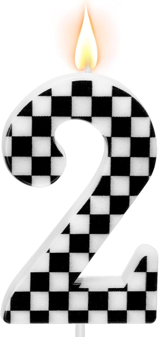 Racing Car Themed Birthday Candles, Number 2 Checkered Candles, Black & White Checkered Cake Topper, Cool Racing Themed Party Supplies, Special Candle