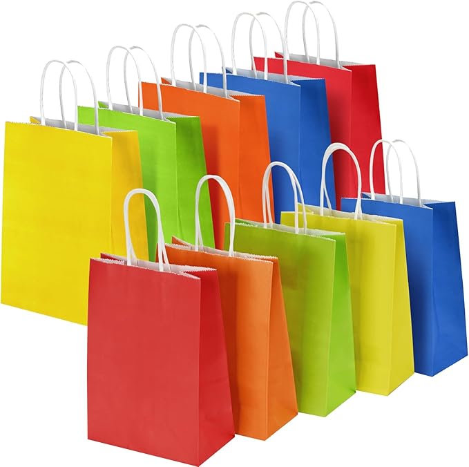 10 Pcs Paper Gift Bags with Handles, 8" Rainbow Color Goodie Bags for Party, Christmas, Favor, Birthday, Wedding, Events, Classrooms, Celebrations