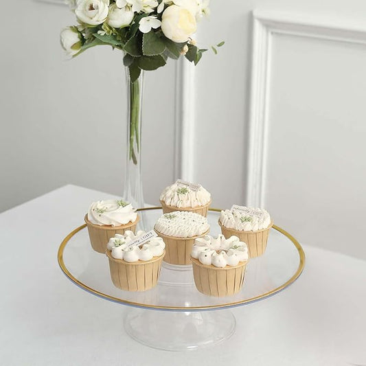 Efavormart 2 Pack | 12" Clear with Gold Rim Plastic Cupcake Dessert Display Riser, Disposable Pedestal Cake Stand