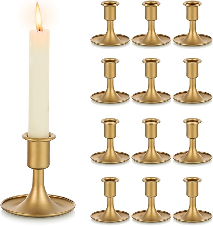 Gold Taper Candle Holder Set of 12, Hewory Short Skinny Brass Candlestick Holders, Vintage Small Low Metal Candles Sticks for Wedding Centerpieces Christmas Birthday Party Holiday Dinning Table Decor
