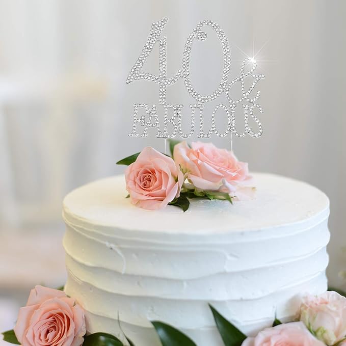 40 & Fabulous Cake Topper 40 Years Birthday Or 40th Wedding Anniversary Silver Crystal Rhinestone Party Decoration