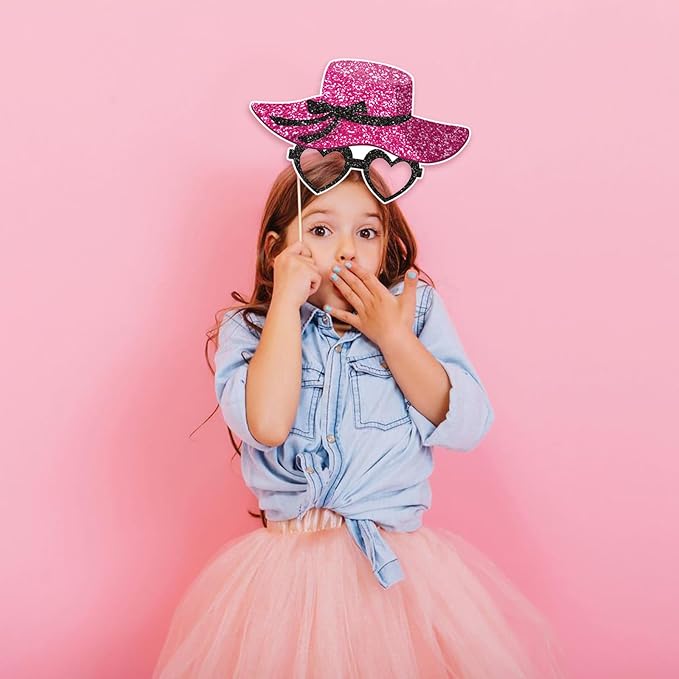 30 Pcs Pink Girls Birthday Photo Booth Props Kit - Hot Pink Princess Birthday Party Decoration Set with Real Glitter Cute Designs for Her, Funny Selfie Photo Booth Props for Kids Girls Any Bday Party
