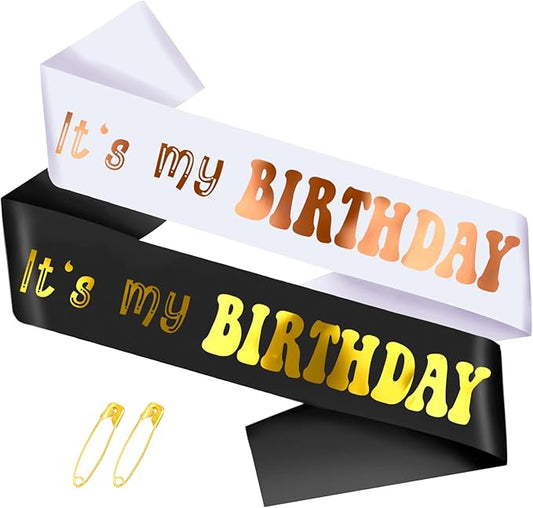 2 Pcs It's My Birthday Sash with Gold Foil - Happy Birthday Sash for Women Girls Men Boys, Birthday Girl Sash, Cheers to Bday Decorations Supplies(Black & White, Rose Gold)