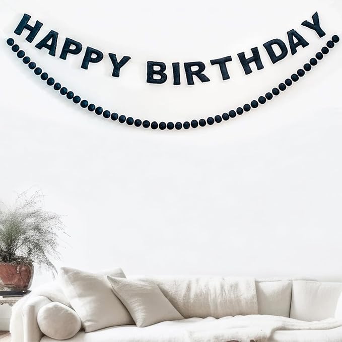 Meygajoe Pre-Strung Felt Happy Birthday Banner,Reusable HAPPY BIRTHDAY Garland,Birthday Banner Decorations,Personalized Happy Birthday Sign for Birthday Decor,Party Decor,Photo Prop (Black) M-123