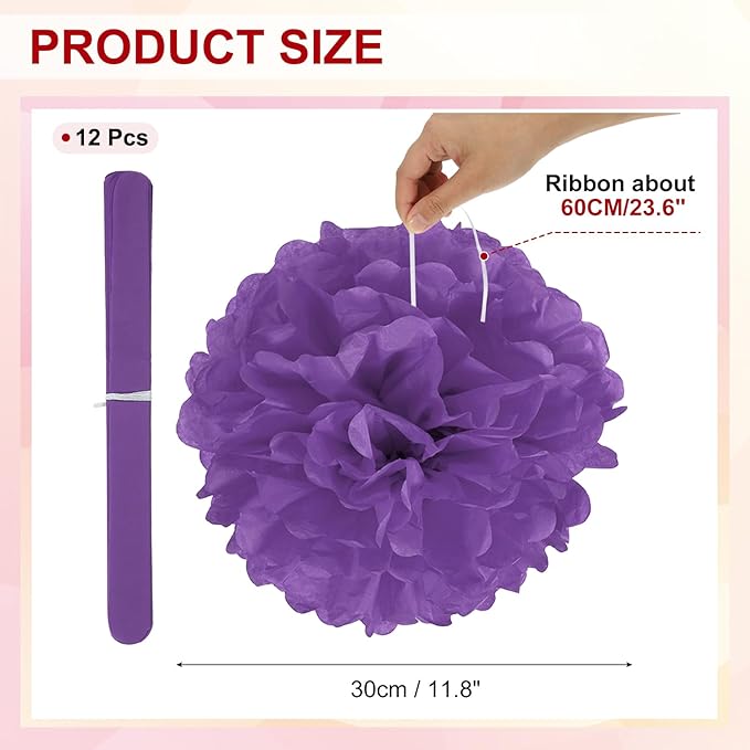 PATIKIL 12inch Tissue Paper Pom Poms, 12PCS Pom Poms Paper Flowers Ball Tissue Paper Flowers for Wedding Bridal Shower Birthday Bachelorette Party Backdrop Decoration, Dark Purple