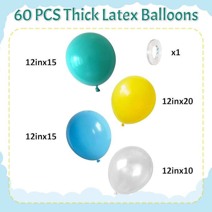 HILAVO Yellow Blue Clear Balloons 12 Inch 60 Pcs Blue Cartoon Balloon Teal Blue and Yellow Party Latex Balloons Transparent for Kids Birthday Ocean Baby Shower Party Decorations