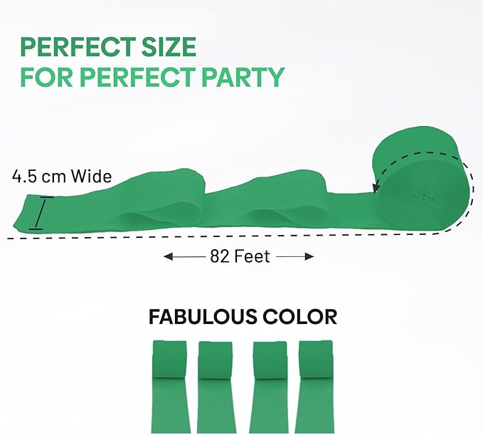 Captain Decor 4 Crepe Paper Streamers Rolls, 328ft Pack of Unique 4 Green Streamers for Party Decorations, Birthday and Wedding Decoration (1.8 inch x 82 ft/Roll)