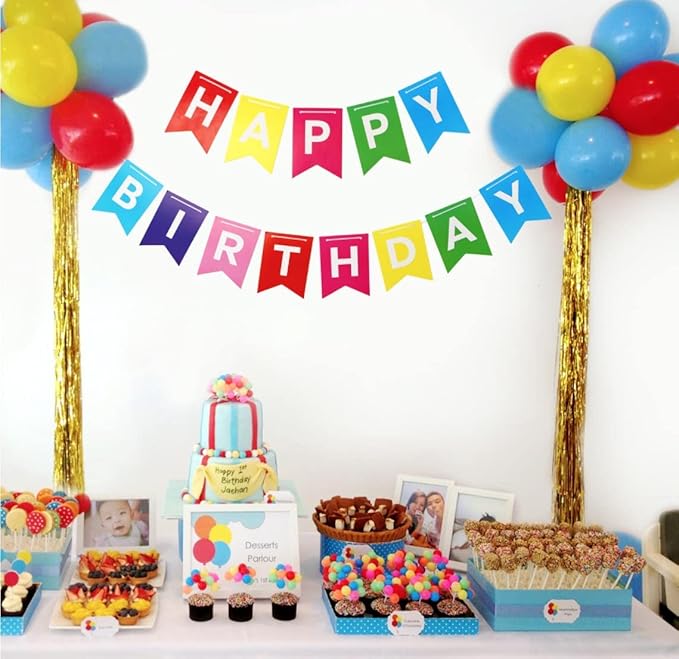 Happy Birthday Banner Backdrop Colorful Decoration Birthday sign for wall Party Supplies Backyard Decore Birthday Flag Bunting - 8 feet total signs (3 feet HAPPY, 5 feet BIRTHDAY)