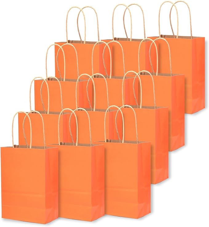 qiqee 24 Pcs Orange Mini Paper Gift Bags with Handles 6"x4.5"x2.5" Small Brown Kraft Party Favor Bags Treat Bags Multiple Uses (Mini size)