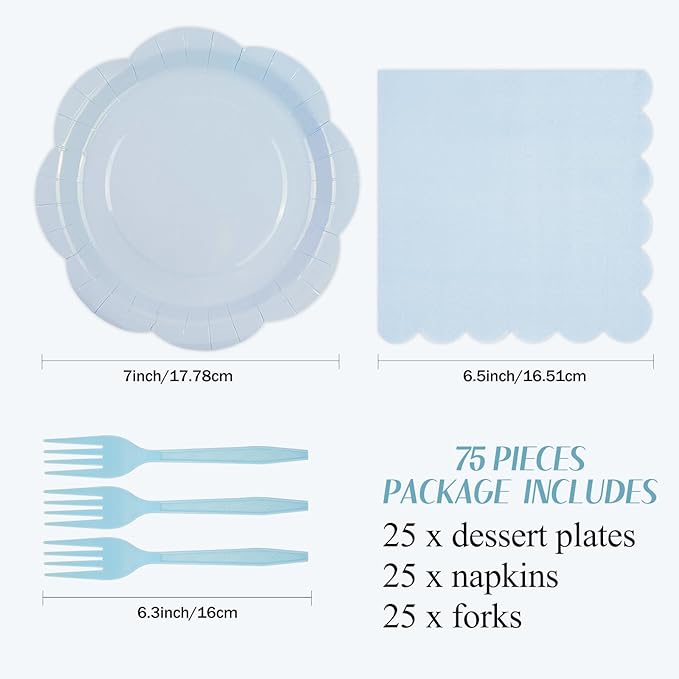 75 PCS Blue Paper Plates and Napkins Party Supplies, Light Blue Scalloped Plates Napkins Forks Disposable Tableware Set for Bridal Baby Shower Wedding Birthday Party Decorations