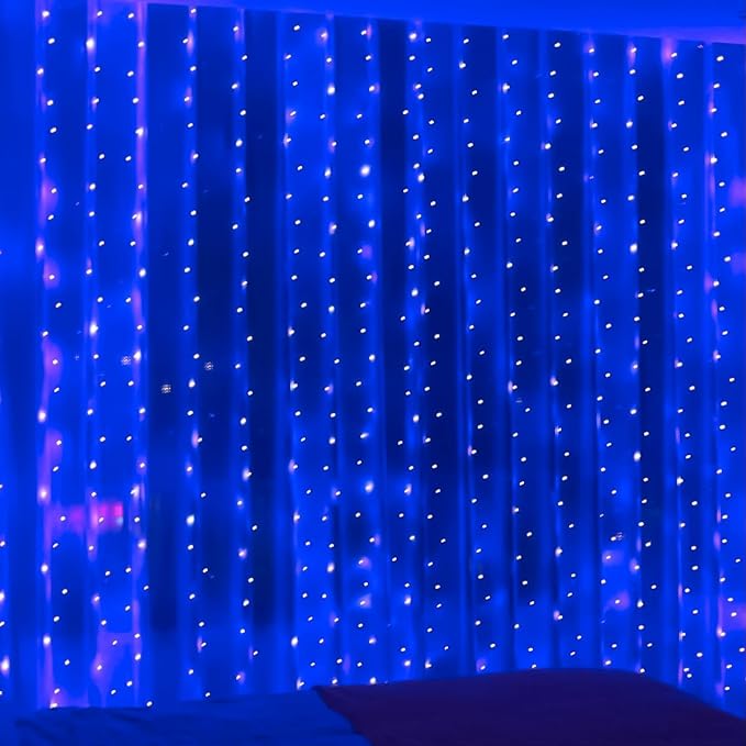 ZSJWL 300 LED Blue Curtain Fairy Lights with Remote, 8 Modes 9.8 × 9.8 Ft Waterproof USB Plug in Copper Wire Lights for Bedroom Window Chrismas Wedding Party