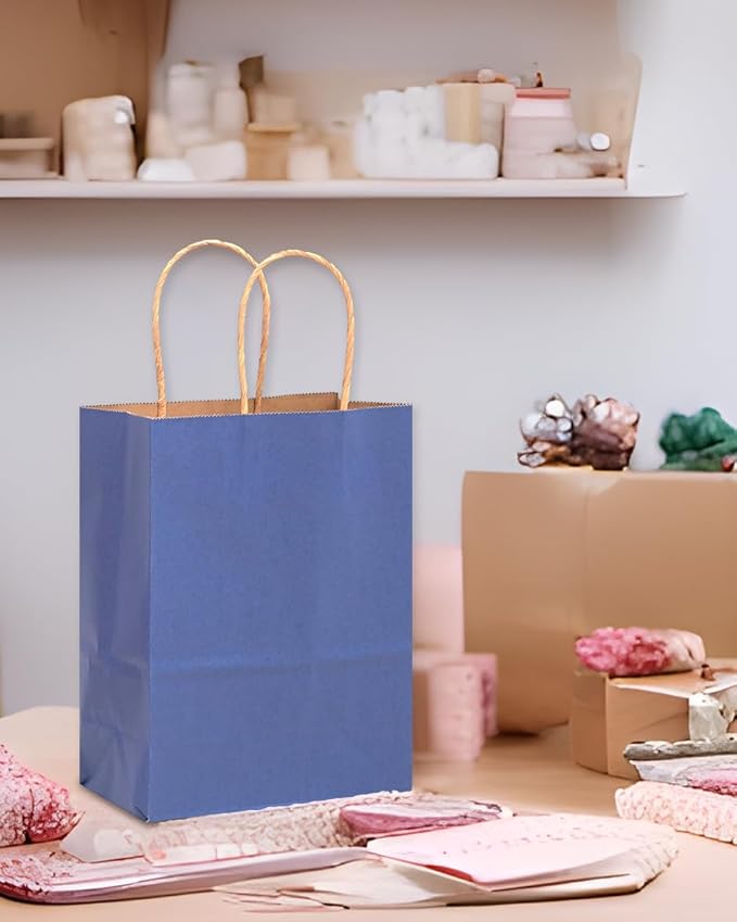 qiqee 32-Packs Deep Blue Paper Gift Bags with Handles Bulk 8.26"×6"×3.15" Small Size Gift Bags Multiple Uses（Small Size）