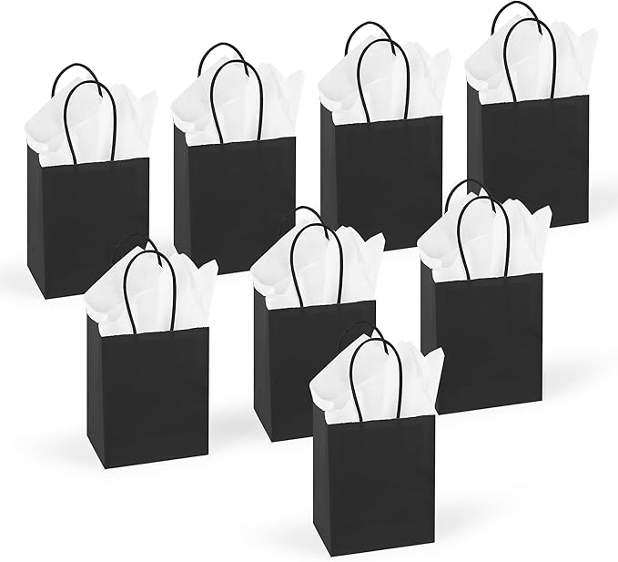 DjinnGlory 60 Pack Tiny Mini Black Paper Gift Party Goodie Bags with Handles Bulk 6.3 x 4.7 x 2.75 Inch for Halloween Birthday Favors Treats, DIY Crafts, Small Business Merchandise Kraft Bags