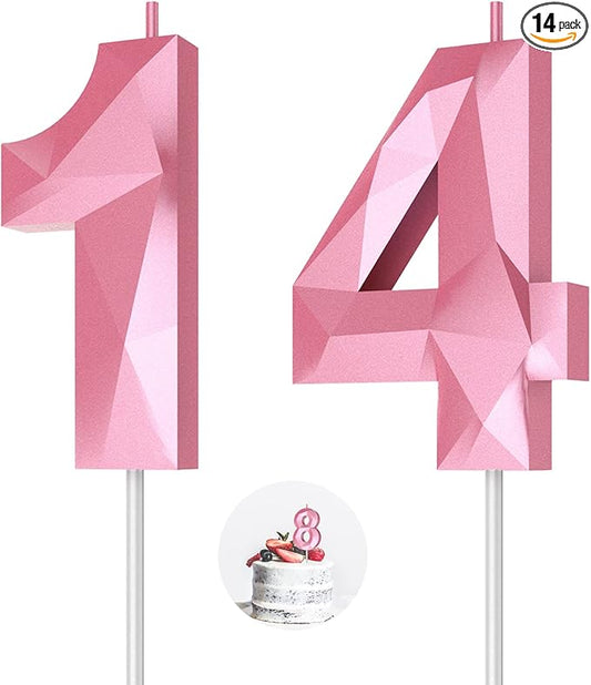 Number Birthday Candles(14 Candle Pink) 3D Diamond Shape 14th Happy Birthday Cake Topper Decorations for Girl Women Birthday Wedding Anniversary Celebration Theme Party Supplies