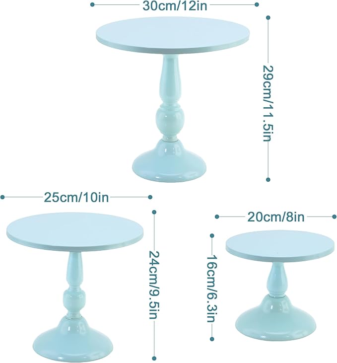 Set of 3 Blue Cake Stands, Metal Round Cake Holder Dessert Pie Pizza Display Stand 8" 10" 12" Serving Tray Decoration for Wedding Celebration Party Birthday Baby Shower