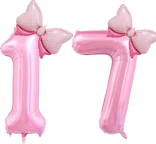 40 inch Number 17 Balloon with Bow Pink Happy Birthday Jumbo Number Balloons for Girls Daughter Birthday Decorations Party Supplies (Pink Number 17)