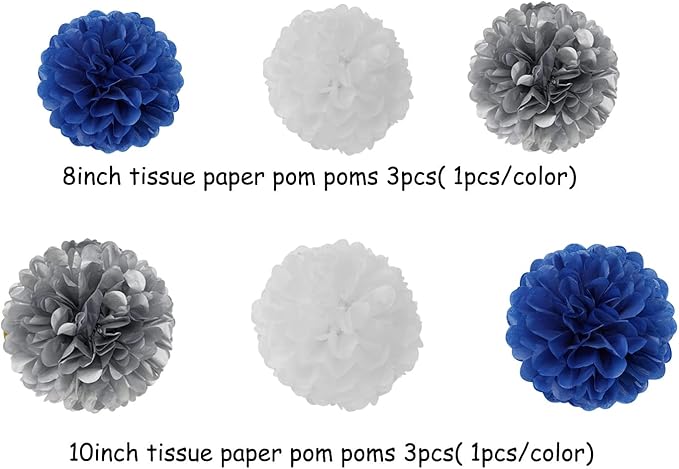 Navy-Blue White-Silver Party-Decoration Graduation Banner - 8pcs Kits Cap Garland Streamers, Paper Tissue Pom Poms Flowers,We are So Proud of You Congratulations Grad 2026 Decor Lasting Surprise