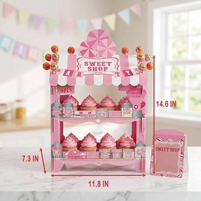 Candy Castle Cupcake Stand 2 Tier - Holds 16 Cupcakes + 12 Lollipops on Roof, Pink Dessert Display for Birthday Theme Party Decorations, Sweet Treat Holder for Cake Candy Buffet