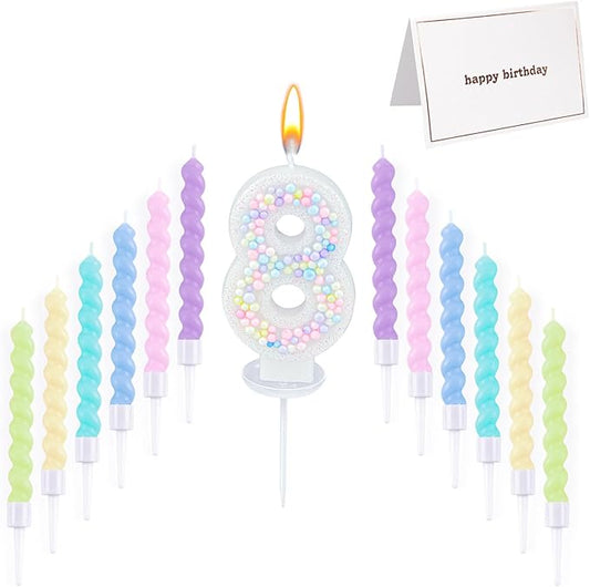 Number Birthday Candle with 12PCS Spiral Candles and A Birthday Card - Perfect for Celebrating Birthdays (Macaron Glitter, Number 8)