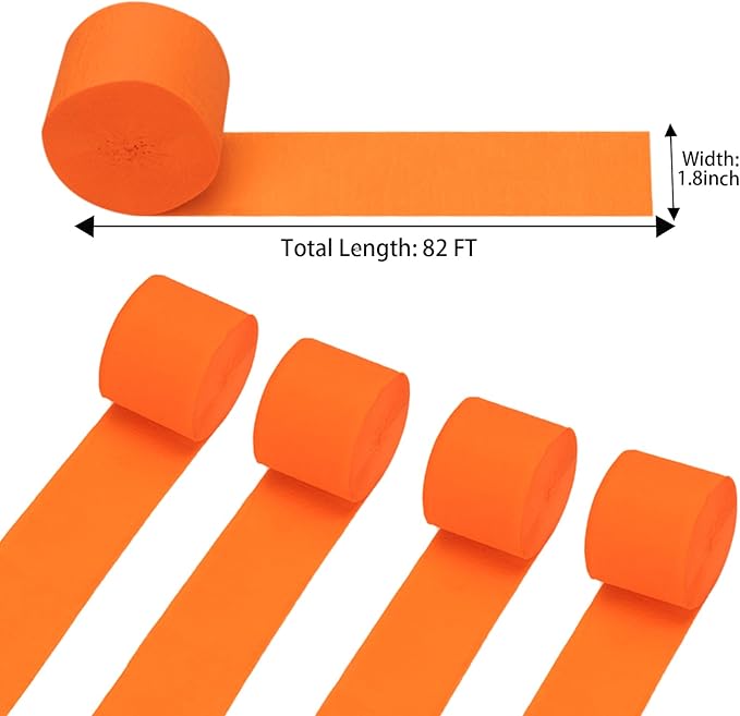 patypire Orange Crepe Paper Streamers 4 Rolls 328ft, Pack of Party Streamers for Party Decorations, Crepe Paper for Birthday, Baby Shower, Wedding Party Decorations (1.8 Inch x 82 Ft/Roll)