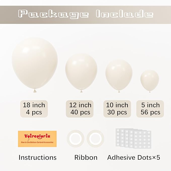 Voircoloria 130pcs White Sand Balloons Different Sizes 18" 12" 10" 5" Off White Party Latex Balloons for Birthday Baby Shower Graduation Wedding Gender Reveal Anniversary Party Decorations
