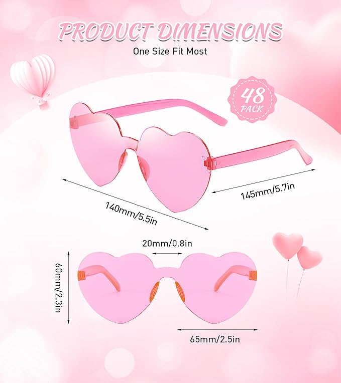 Matcheck 48 Pack Heart Rimless Sunglasses Frameless Colored Party Glasses Transparent Fun Eyewear for Adult