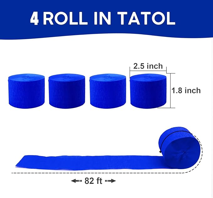 4 Rolls Crepe Paper Royal Blue Streamers – Perfect for Streamers Party Decorations, Wedding, Birthday, Graduation Party, Colored Decor, and DIY Craft Supplies(1.8 Inch x 82 Ft/Roll)