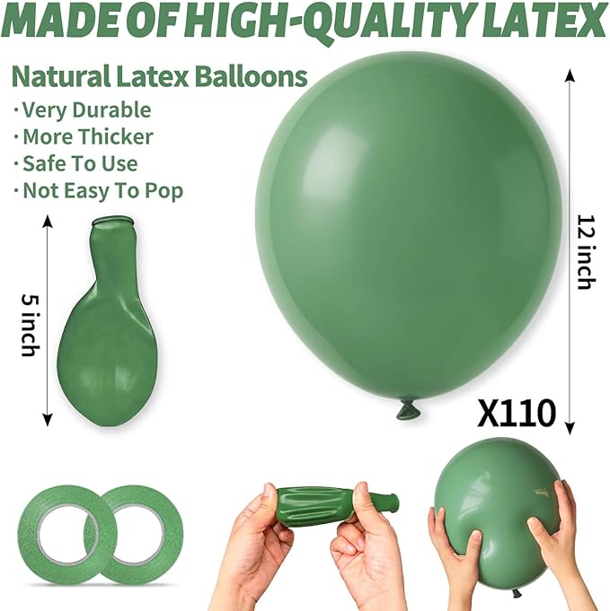 110Pcs Dark Sage Green Balloons Latex Party Balloons 12 inch Round Helium Balloons for Dark Sage Green Themed Christmas Balloon (with 2 Ribbons).