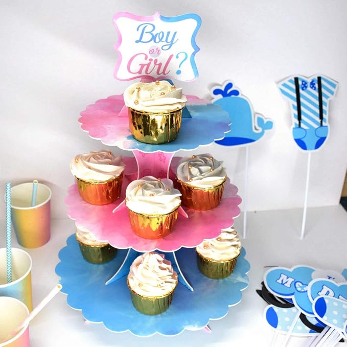 Gender Reveal Cupcake Stand Gender Reveal Party Favors Blue and Pink 3 Tier Cardboard Cake Stand for Party Decorations