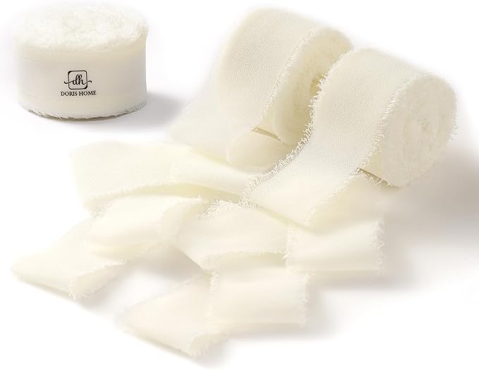 DORIS HOME Cream White Chiffon Ribbon for Flower Bouquet, 1" x21Yd Fabric Ribbon for Gift Wrapping, Handmade Frayed Ribbon for Wedding Invitations/Christmas Decorations