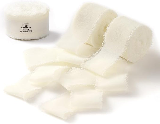 DORIS HOME Cream White Chiffon Ribbon for Flower Bouquet, 1" x21Yd Fabric Ribbon for Gift Wrapping, Handmade Frayed Ribbon for Wedding Invitations/Christmas Decorations