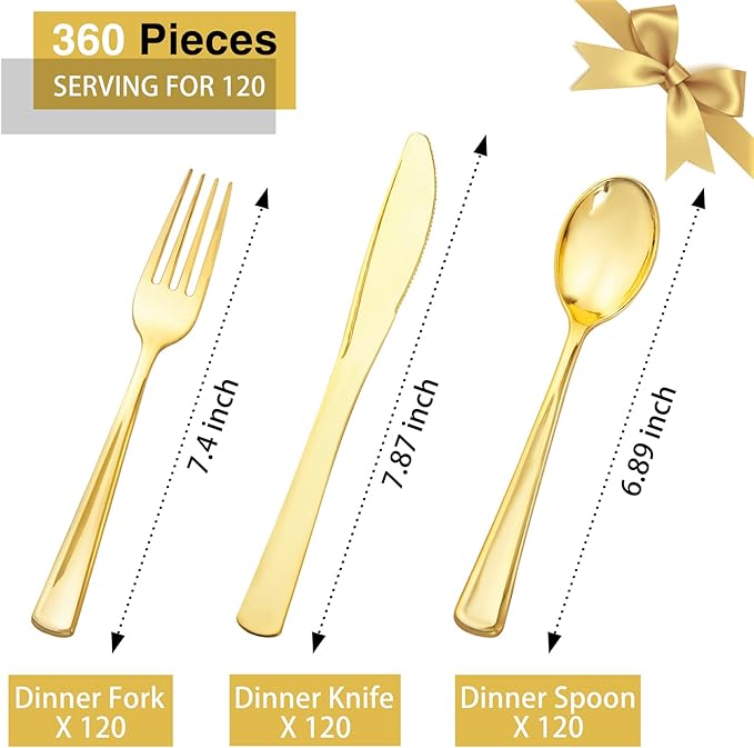 Supernal 360pcs Gold Plastic Silverware Heavy Duty Disposable Cutlery Gold flatware Sets Include 120 Forks, 120 Knives, 120 Spoons, Suitable for Party, Birthday, Wedding