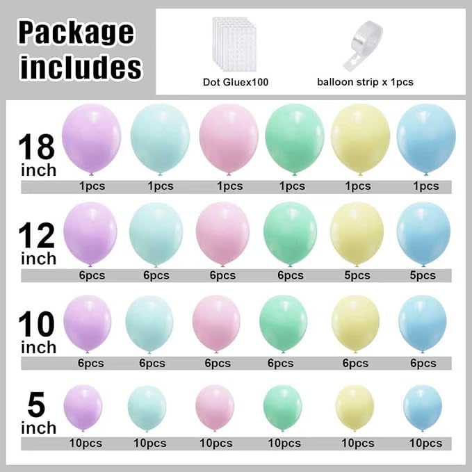 YMSZ Pastel Balloons Arch Kit with Different Sizes, Multicolor Macaron Pink Purple and Blue Yellow Balloons for Birthday, Easter, Baby Shower, Gender Reveal Party Decorations