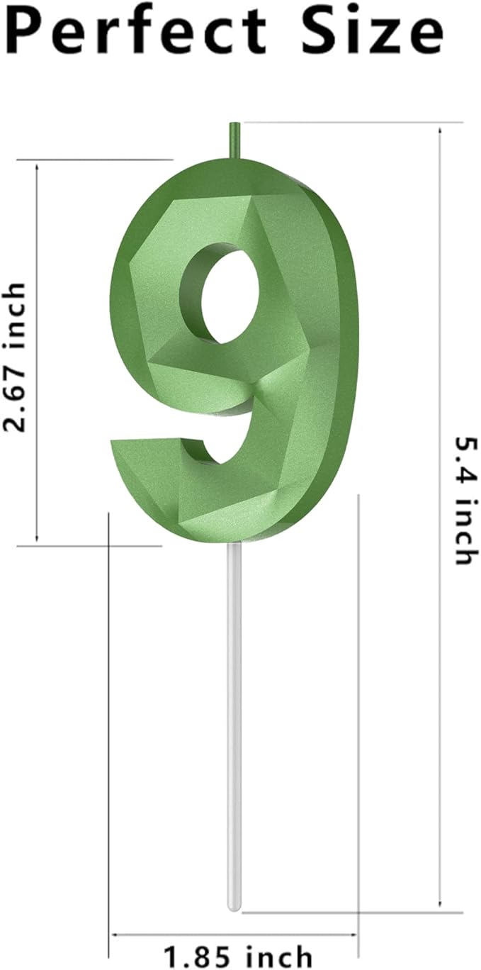 Number Birthday Candles(9 Candle Green) 3D Diamond Shape Number Happy Birthday Cake Candles for Birthday Party Wedding Decoration Reunions Theme Party