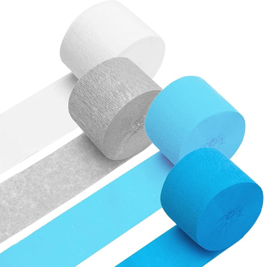 PIGETALE Crepe Paper Streamers 4 Rolls 328ft, Pack of White, Silver, Royal Blue, Light Blue Party Streamers for Birthday Wedding Ceremony Party Baby Bridal Shower Decorations (1.8Inch x 82Ft/Roll)