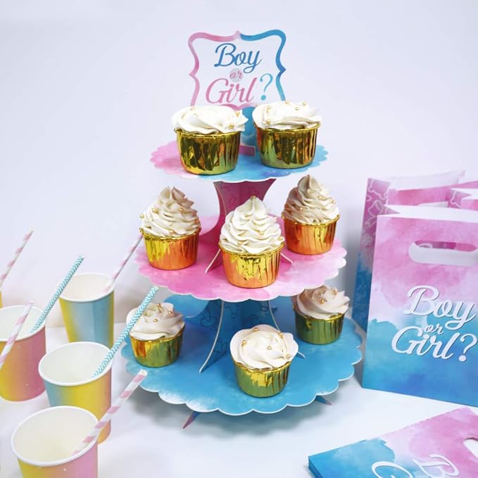 Gender Reveal Cupcake Stand Gender Reveal Party Favors Blue and Pink 3 Tier Cardboard Cake Stand for Party Decorations