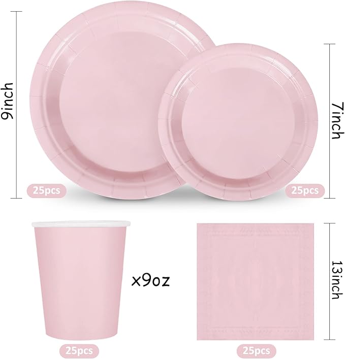Whaline 100Pcs Dusty Pink Tableware Set Disposable Dinnerware Set 50Pcs Paper Plates 25Pcs Napkin 25Pcs Cups for Wedding Birthday Bride Shower Party Table Decor