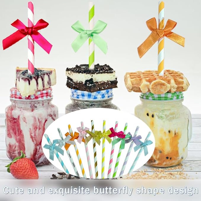 Ouliget Butterfly Stripe Paper Straws,Butterfly Ribbon Decor Disposable Party Drinking Straws, Decoration Supplies Set for Valentine's Day, Brithday, New Year, Party,40 Pieces (Golden)