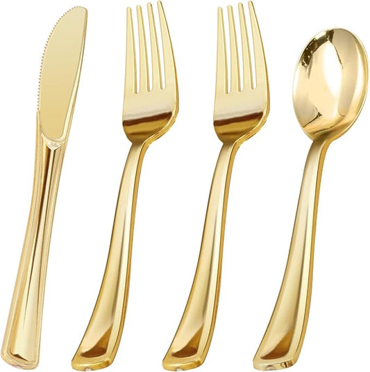 BESTVIP 400PCS Gold Plastic Silverware, Gold Disposable Utensils, Heavy Duty Cutlery Set of 200 Forks, 100 Spoons, 100 Knives for Party, Thanksgiving, Christmas, Birthday, Catering and Daily Use