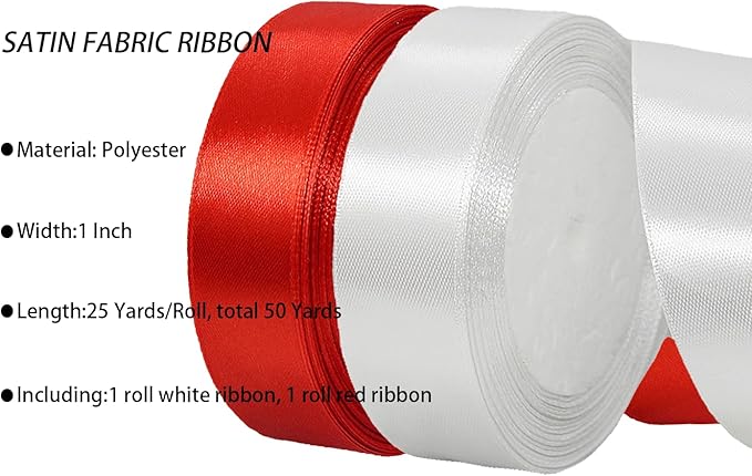 2 Rolls White Red Ribbon, 1 Inch x 50 Yards Satin Red White Fabric Ribbon for Flower Bouquets, Gift Wrapping, DIY Crafts, Birthday Cakes, Holiday, Wedding Party and Mother’s Day Decorations