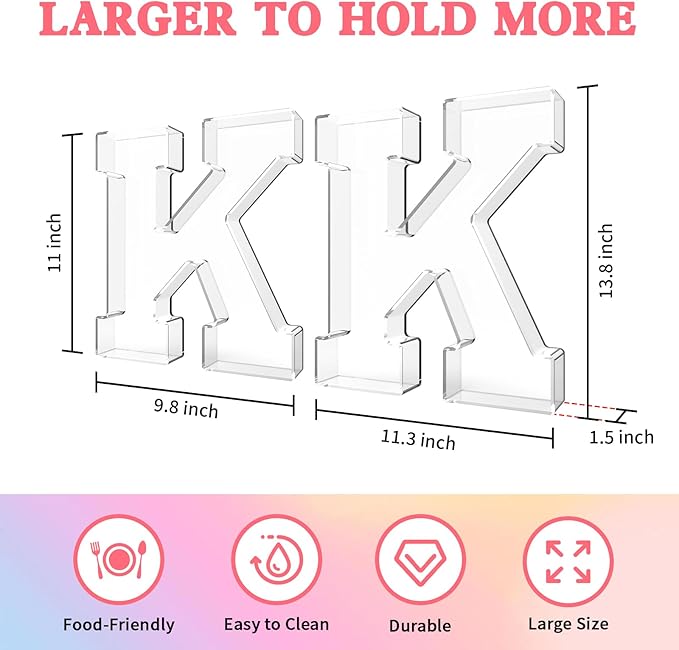13.8" Acrylic Letter Charcuterie Tray, Charcuterie Letters Fillable Box for food, Reusable Serving Cake Candy Dish Display Tray for Birthday Anniversary Party Decoration (Letter K)