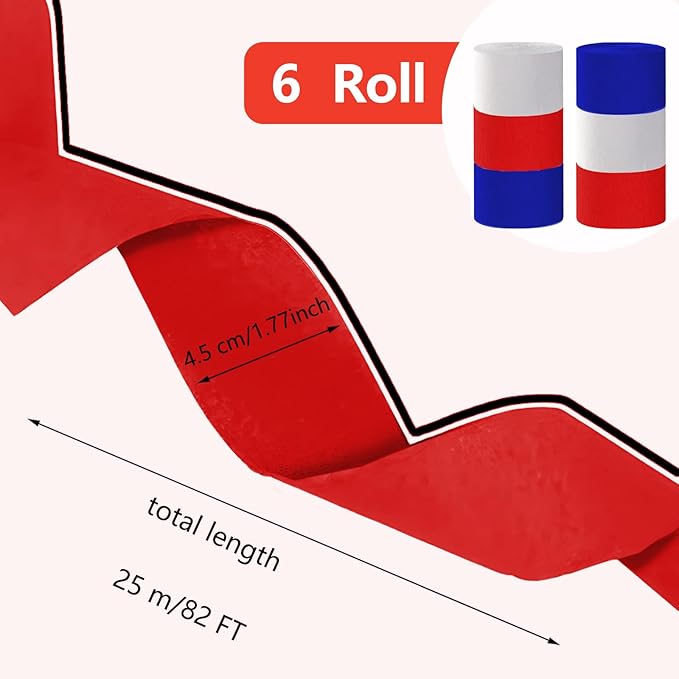 Red White Navy Crepe Paper Streamers,6 Rolls Party Streamers for Sports Events,Birthday Party,Graduation Decorations, 6 Rolls（82 Feet Long x 1.77 Inch）